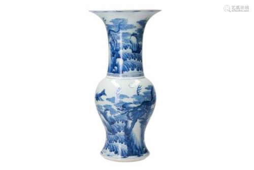 A blue and white porcelain yen yen vase, decorated with kylins and birds in an ocean landscape