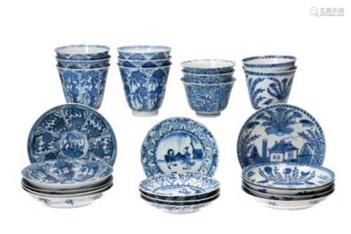 Lot of diverse blue and white porcelain objects, 1) set of six cups with five saucers, decorated