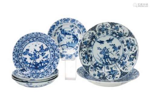 Lot of seven blue and white porcelain dishes with diverse decorations. All marked. China, Kangxi.