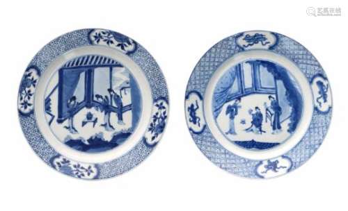 Two blue and white porcelain dishes, decorated with long Elizas in interior. Marked with 6-character