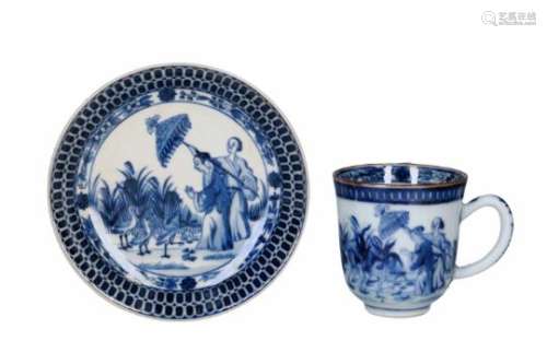 A blue and white porcelain cup with saucer, decorated with the parasol ladies. Unmarked. China, 1736