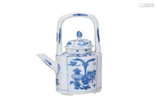 A blue and white porcelain wine jug with lobed belly and cover, decorated with a fisherman in