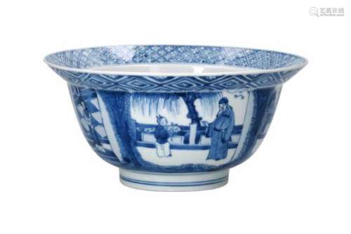 A blue and white porcelain bowl, decorated with figures on a terrace and little boys. Marked with