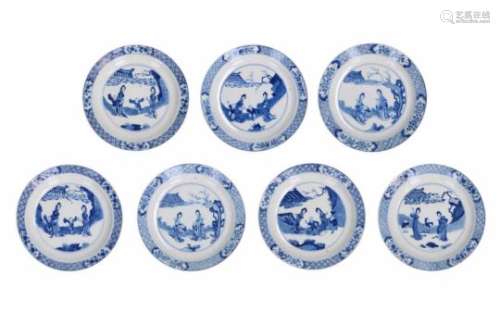 Lot of seven blue and white porcelain dishes, decorated with long Elizas and little boys in a