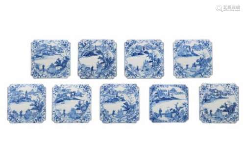 Lot of nine blue and white tiles, depicting a figure on a bridge in a river landscape. China, 18th