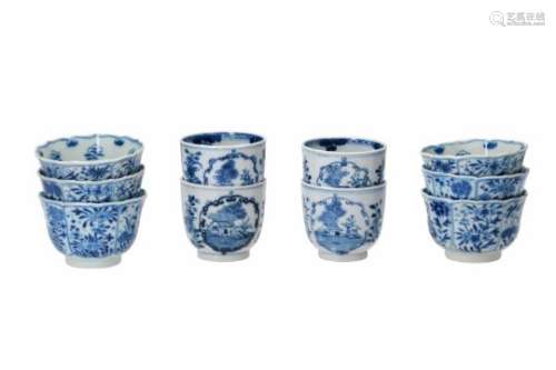 A set of six blue and white porcelain cups, decorated with flowers and birds. Marked with