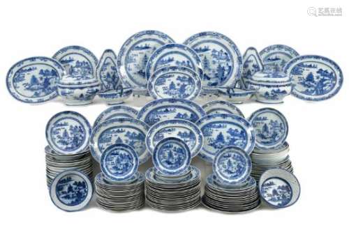 An approx. 130-piece blue and white porcelain dinner-service, decorated with pagodas in a river