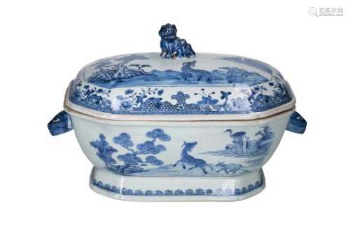 A blue and white porcelain tureen on a dish, decorated with animals in a landscape. Unmarked. China,