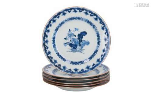 A set of six blue and white porcelain dishes, decorated with tobacco leaves and butterflies.