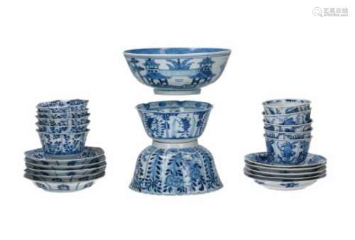 Lot of blue and white porcelain objects, 1) five cups with saucers, decorated with crabs. Marked