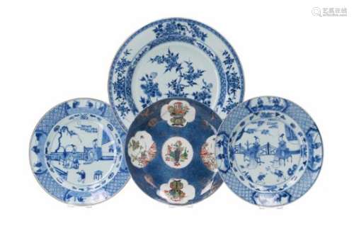 Lot of four porcelain objects, 1) a pair of blue and white porcelain dishes, decorated with long