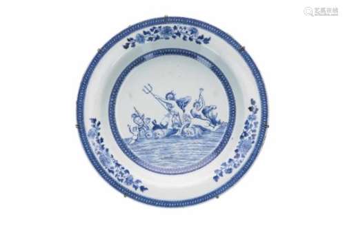 A blue and white porcelain deep charger, decorated with a scene from Roman mythology. Unmarked.