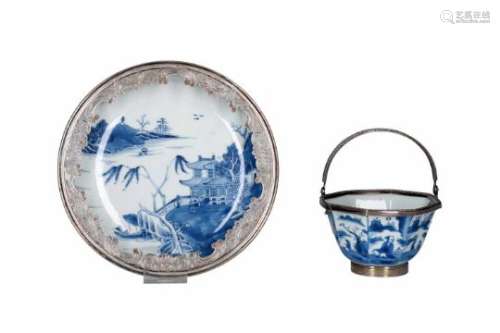 A hexagonal blue and white porcelain bowl with later Dutch silver mountings, decorated with reserves