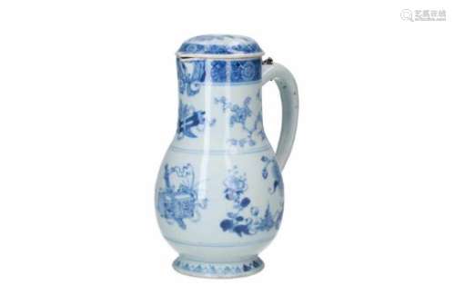 A blue and white porcelain jug, decorated with flowers, bamboo and antiquities. Unmarked. China,