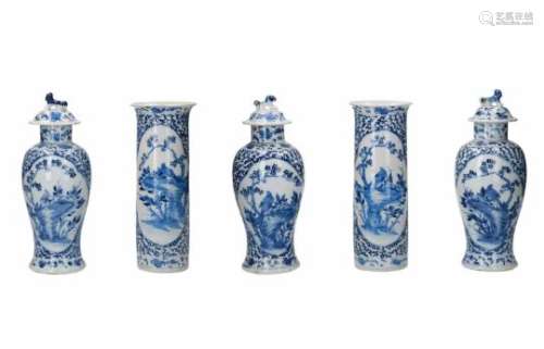A five-piece blue and white porcelain garniture, decorated with flowers and birds. Marked with 4-