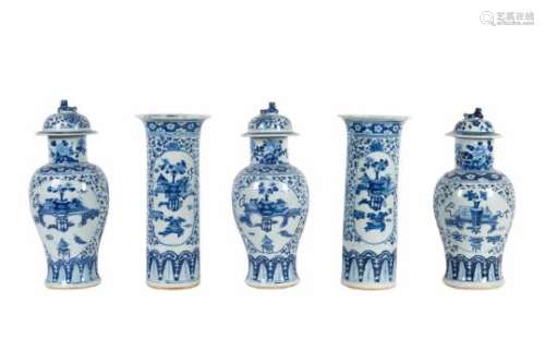A five-piece blue and white porcelain garniture, decorated with flower vases, antiquities and