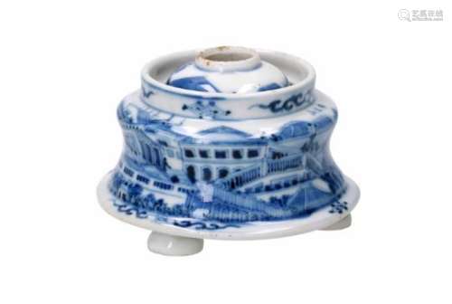 A blue and white porcelain tripod jar, decorated with the Bund of Shanghai. Marked with 4-