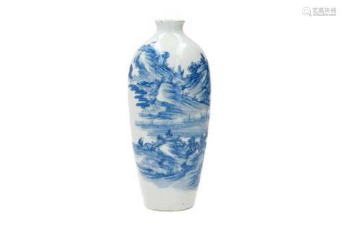 A blue and white porcelain Meiping vase, decorated with a mountainous river landscape and poem.
