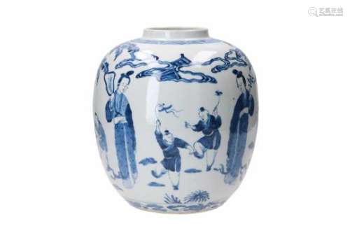 A blue and white porcelain ginger jar, decorated with figures, little boys and trees. Marked with