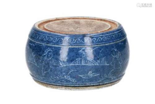 A powder blue porcelain brush washer, decorated with figures and a landscape. Unmarked. China,