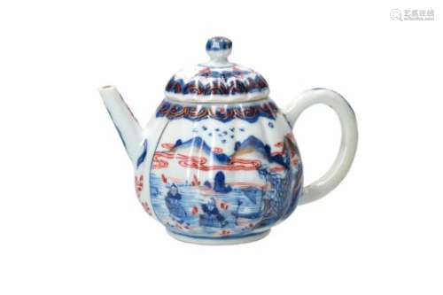 An Imari porcelain teapot with ribbed belly, decorated with fishermen in a mountainous river