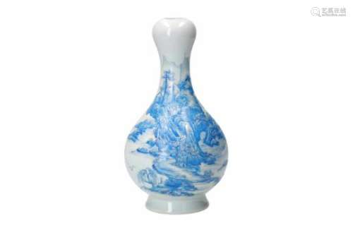 A blue and white porcelain vase, decorated with a mountainous river landscape and a poem. Marked