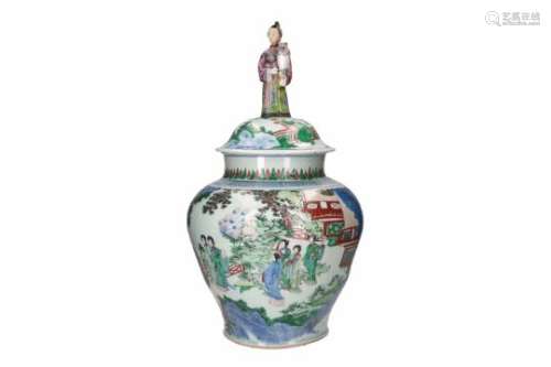 A Wucai porcelain lidded jar, decorated with a court scene. The cover with little boys and grip in