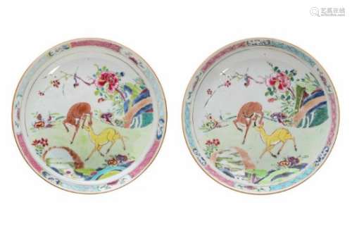 A pair of famille rose porcelain dishes, decorated with deer and flowers. Unmarked. China,