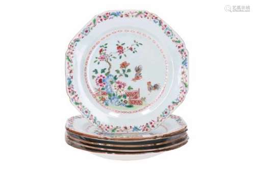 A set of six octagonal famille rose porcelain dishes, decorated with roosters and flowers. Unmarked.