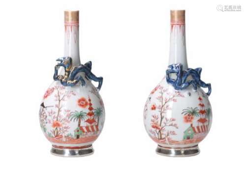 A pair of polychrome porcelain 'Amsterdams bont' vases with silver mounting, decorated with