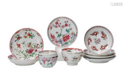 Lot of five famille rose porcelain cups and seven saucers. Some marked. China, Qianlong.