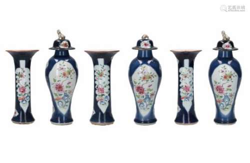 A six-piece powder blue porcelain garniture, with famille rose decor of flowers. Unmarked. China,