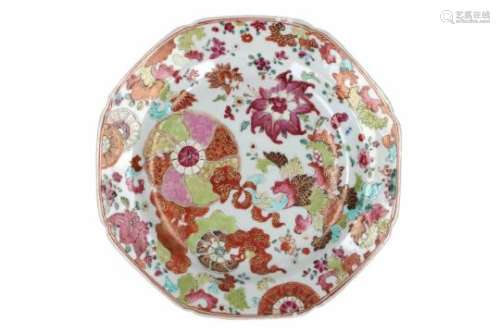 An octagonal polychrome porcelain dish, decorated with flowers. Unmarked. China, 18th century.