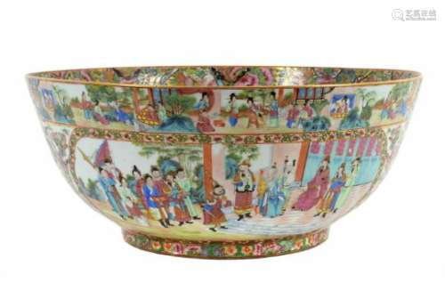 A polychrome porcelain bowl, decorated with figures in interior and landscapes, flowers and