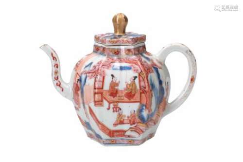 A hexagonal Imari porcelain teapot, decorated with figures and interior. Unmarked. China,