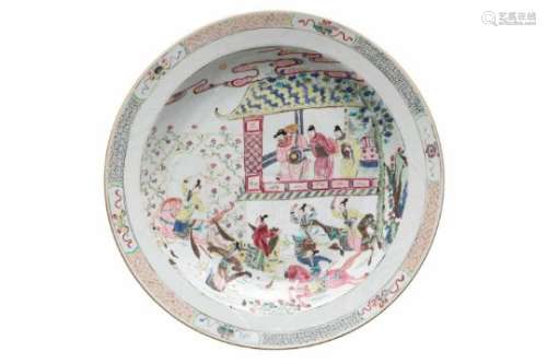 A famille rose porcelain deep charger, decorated with figures and horsemen. Unmarked. China, 18th/