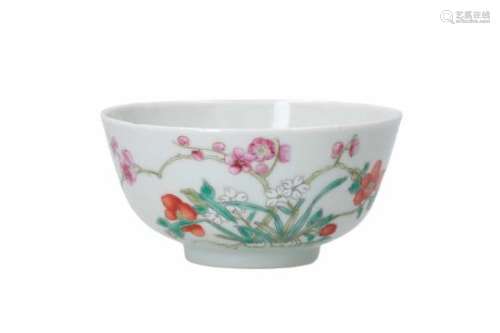 A polychrome porcelain bowl, decorated with flowers and a butterfly. Marked with 4-character mark.