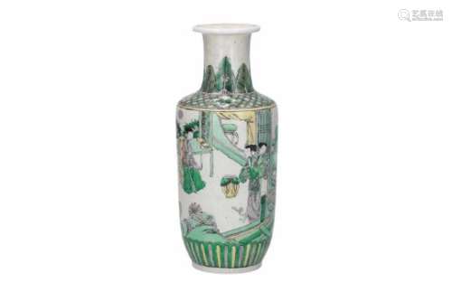 A famille verte emaille sur biscuit rouleau vase, decorated with figures in interior, leaves and