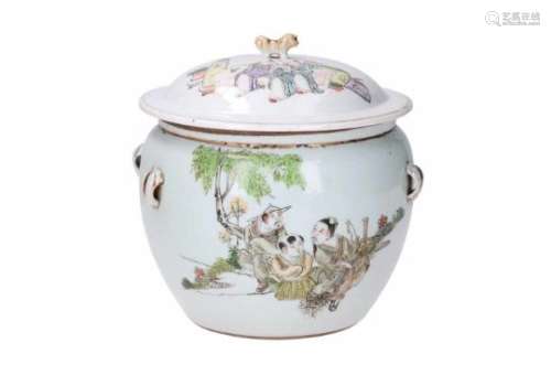 A polychrome porcelain lidded jar, decorated with figures and characters. Unmarked. China, ca.