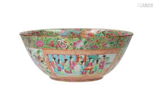 A polychrome porcelain bowl, decorated with figures, flowers, butterflies, bats and birds. Unmarked.