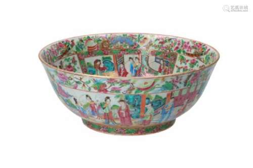 A polychrome porcelain bowl, decorated with figures, flowers, butterflies, bats and birds. Unmarked.