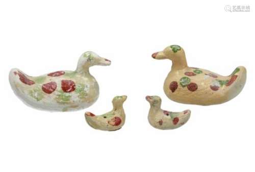 A set of two sancai earthenware sculptures of ducks and two ducklings. Unmarked. China, 1817.