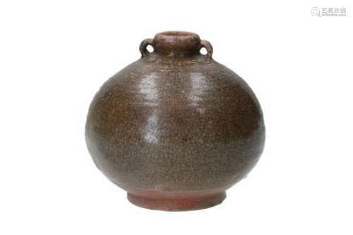 A round brown glazed earthenware jar with two handles. Unmarked. Thailand, Sawankhalok.