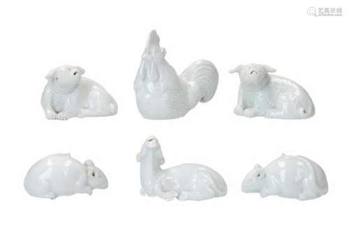 A set of six white glazed porcelain sculptures of animals. Japan, Hirado, Meiji.