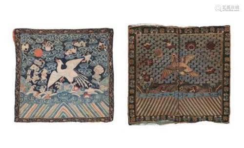 Lot of two silk rank badges, decorated with a divine bird and clouds. China, 19th century.