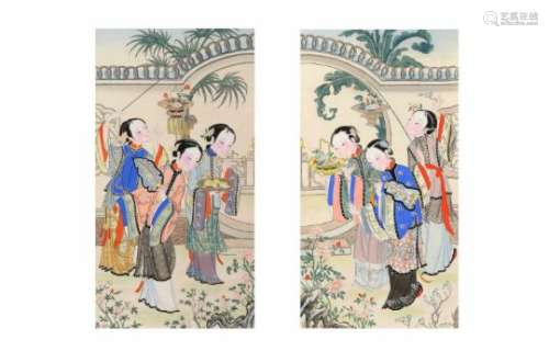 A set of two scrolls, depicting three ladies at the moon gate. China, 20th century.