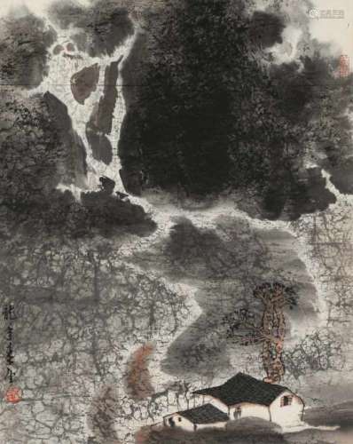 A scroll depicting a waterfall and a farm. After Li Ming Jiu. China, 20th century.