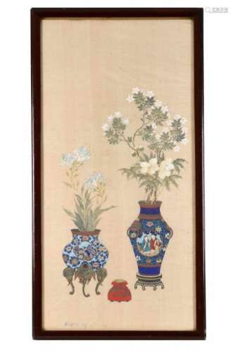 A painting on silk, depicting two vases with flowers. China, 19th century.