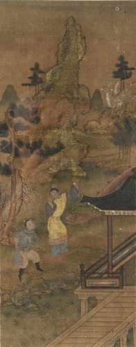 A painting on silk, depicting deer hunters in a mountainous landscape. China, 18th/19th century.