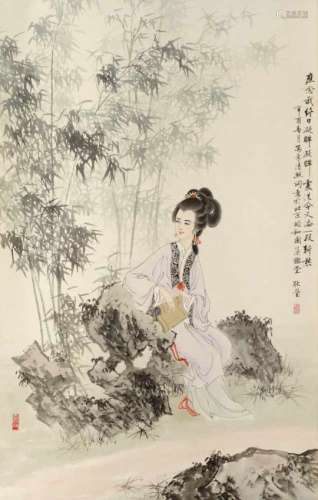 A scroll depicting a poem and a lady in a garden holding a book. Signed Geng Ying. Dated 1981.